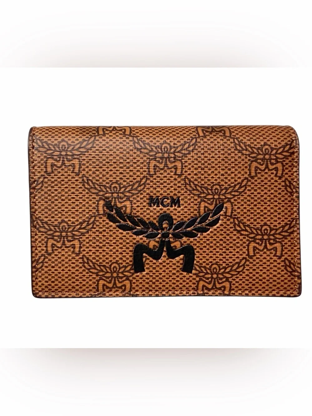 Brand New MCM Cognac and Black Visetos Logo Card Wallet